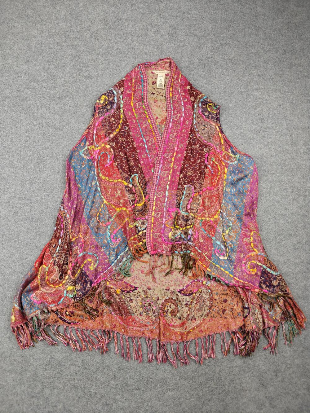 Soft Surroundings Vest Womens One Size Multicolor Paisley Kimono Fringe Boho
